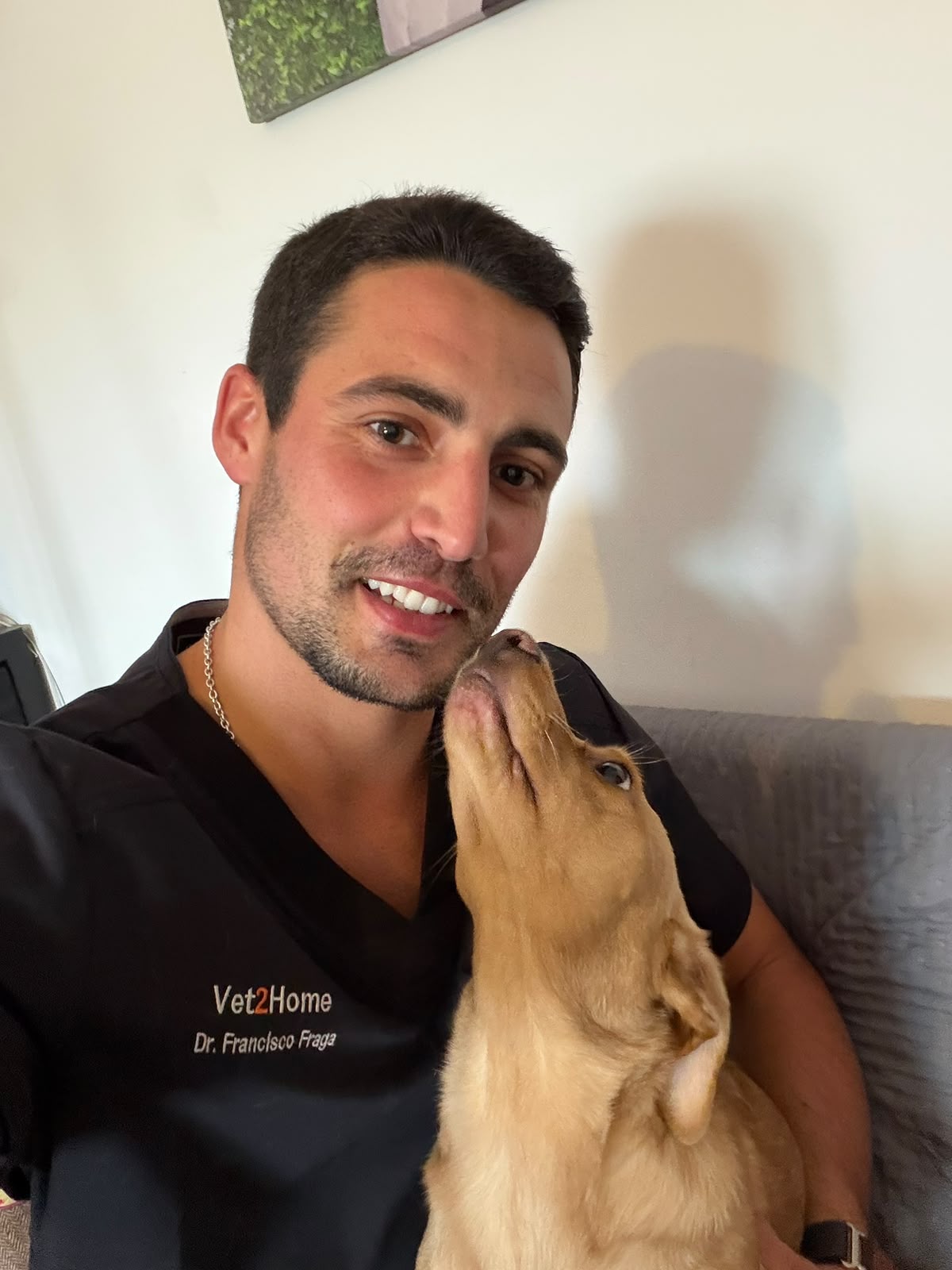 Cão a demonstrar carinho ao veterinário Francisco Fraga durante uma visita ao domicílio