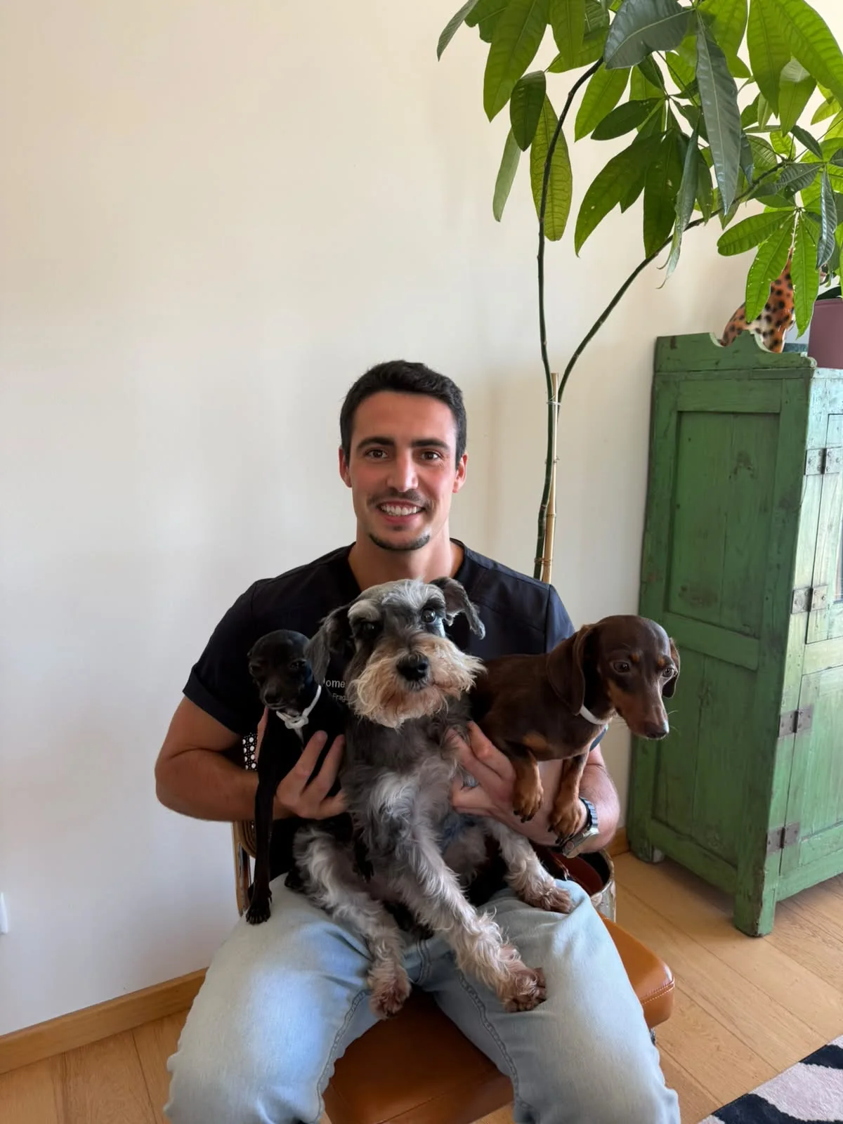 Francisco Fraga com três cães durante uma visita Vet2Home ao domicílio